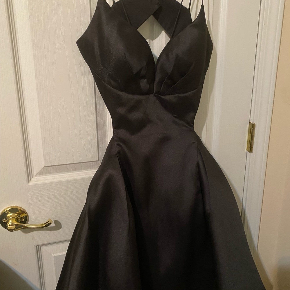Rachel Allan Black Satin Prom Dress with Crisscross Halter